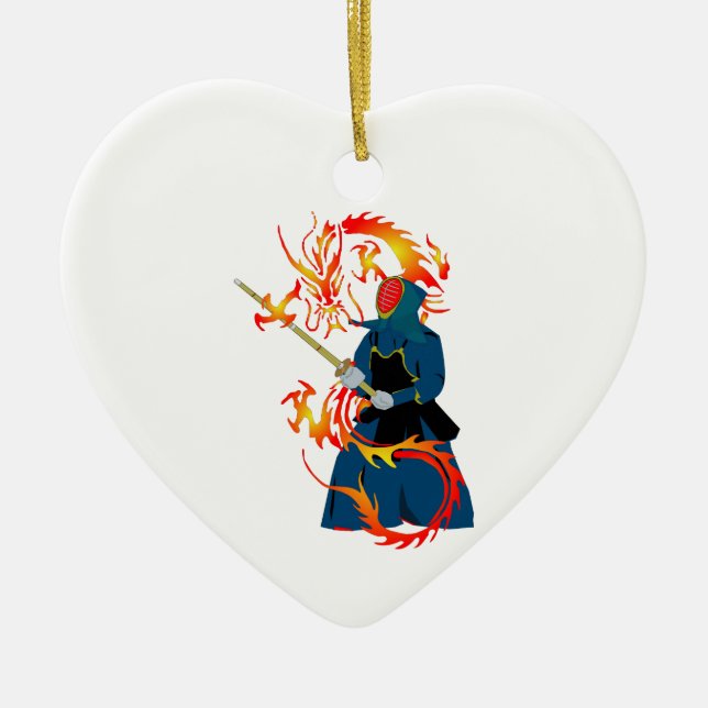 Kendo Swordsman and Fire Dragon Ceramic Ornament (Front)