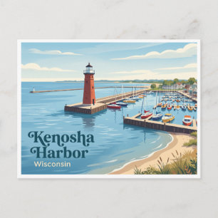 Kenosha Harbour and Southport Lighthouse Wisconsin Postcard