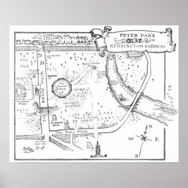 Kensington Gardens Peter Pan B & W Map Poster (Front)