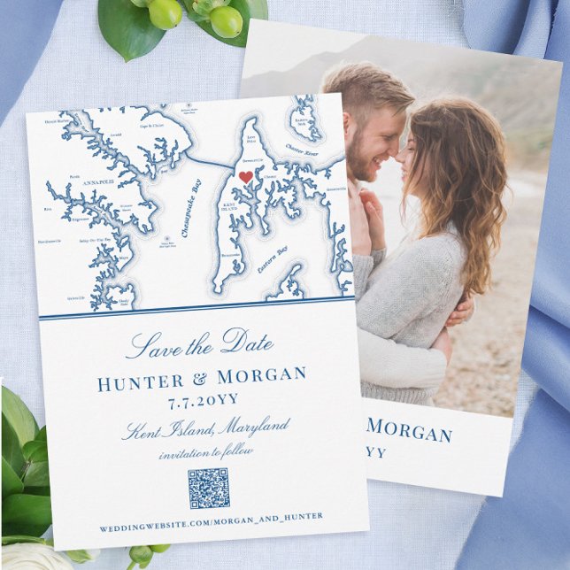 Kent Island Maryland Destination Wedding QR code Save The Date (These elegant Kent Island Maryland destination wedding Save the Dates feature a QR code and photo)