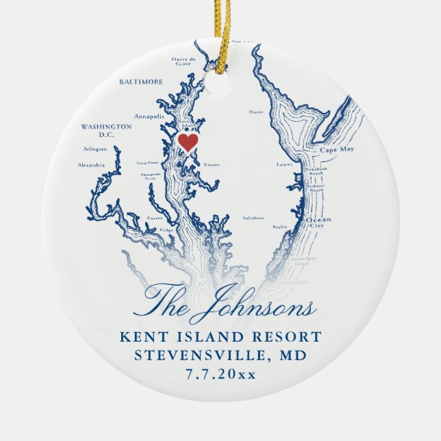 Kent Island MD Map Navy Wedding Photo Christmas Ceramic Ornament (Front)