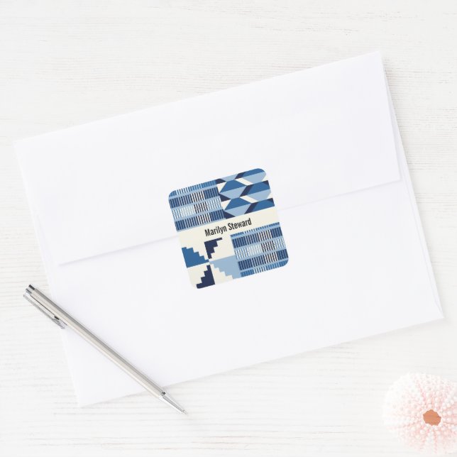 Kente Block - Soft Indigo Personalized Square Sticker (Envelope)