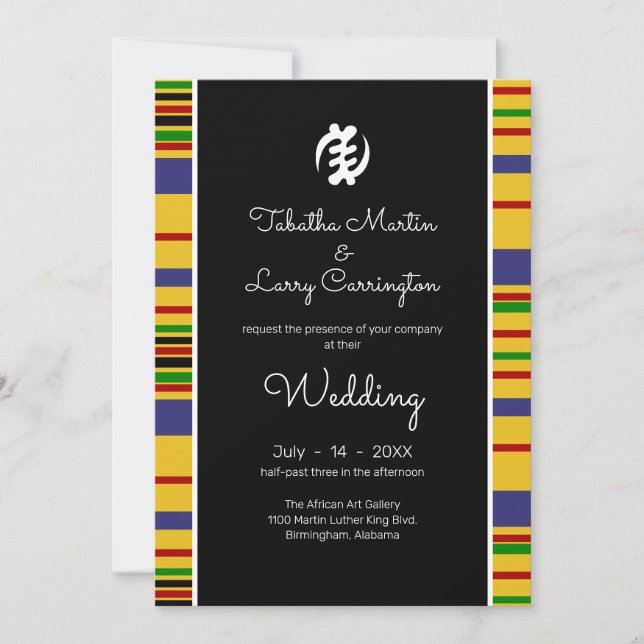 Kente Stripes, Gye Nyame, Black White Wedding Invitation (Front)