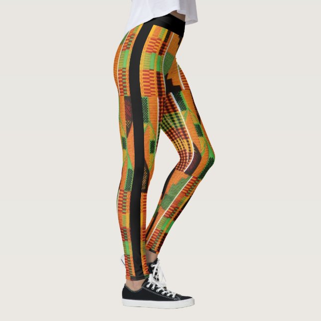 Kente Tribal African fabric print orange green Leggings (Right)