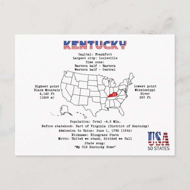 Kentucky American state on a map and useful info Holiday Postcard (Front)