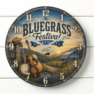 Kentucky Bluegrass Festival Rustic Country Music Large Clock