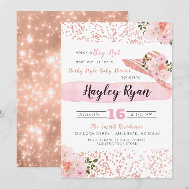 Kentucky Derby Big Hat Blush Rose Gold Baby Shower Invitation (Front/Back)