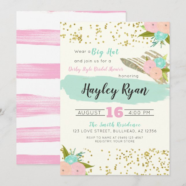 Kentucky Derby Big Hat Pink & Mint Bridal Shower Invitation (Front/Back)