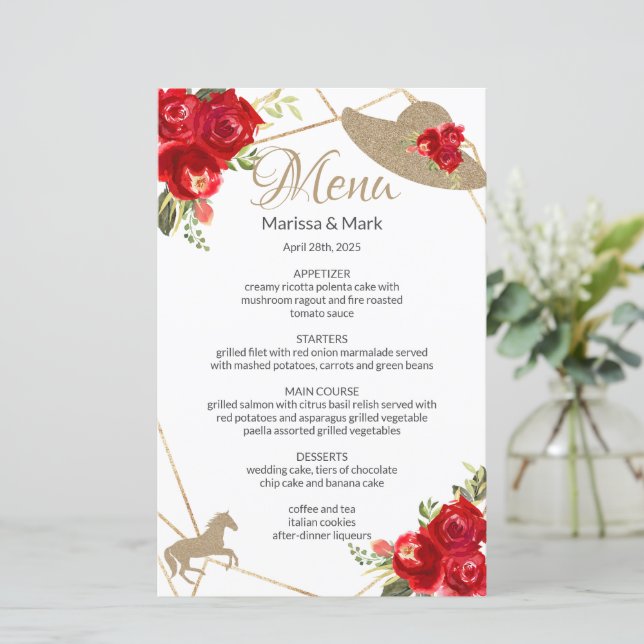 Kentucky Derby Red Roses Wedding Menu  (Standing Front)