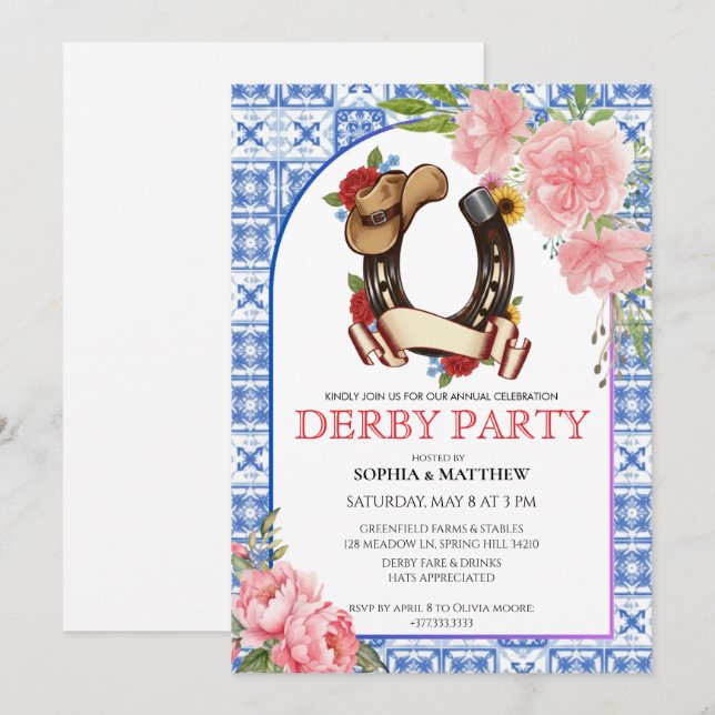 Kentucky Derby Wedding Invitation Floral Blue (Front/Back)