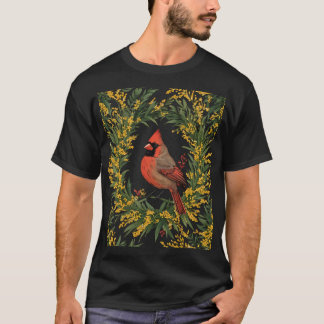Kentucky dinal Bird With Yellow Flower Wreath Over T-Shirt