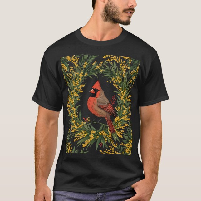 Kentucky dinal Bird With Yellow Flower Wreath Over T-Shirt (Front)