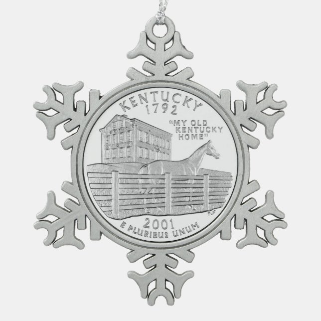 Kentucky State Quarter Snowflake Pewter Christmas Ornament (Front)