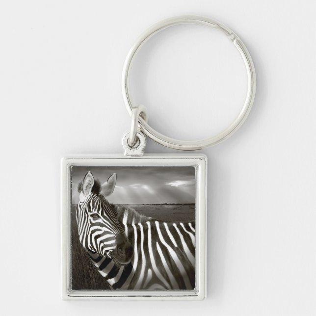 Kenya. Black & white of zebra and plain. Keychain (Front)