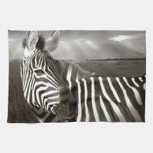 Kenya. Black & white of zebra and plain. Kitchen Towel