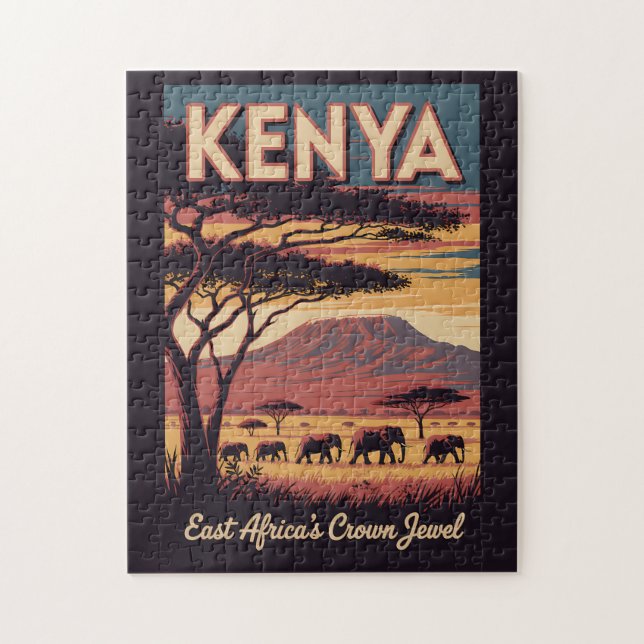 Kenya Elephants Illustration Travel Art Vintage Jigsaw Puzzle (Vertical)