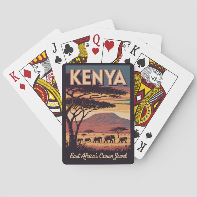 Kenya Elephants Illustration Travel Art Vintage Playing Cards (Back)