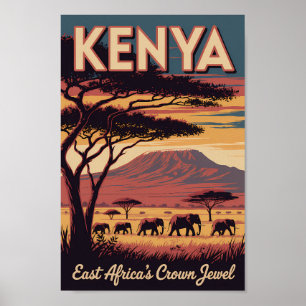Kenya Elephants Illustration Travel Art Vintage Poster