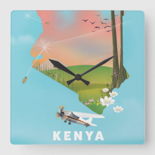 Kenya Map Illustration travel poster. Square Wall Clock