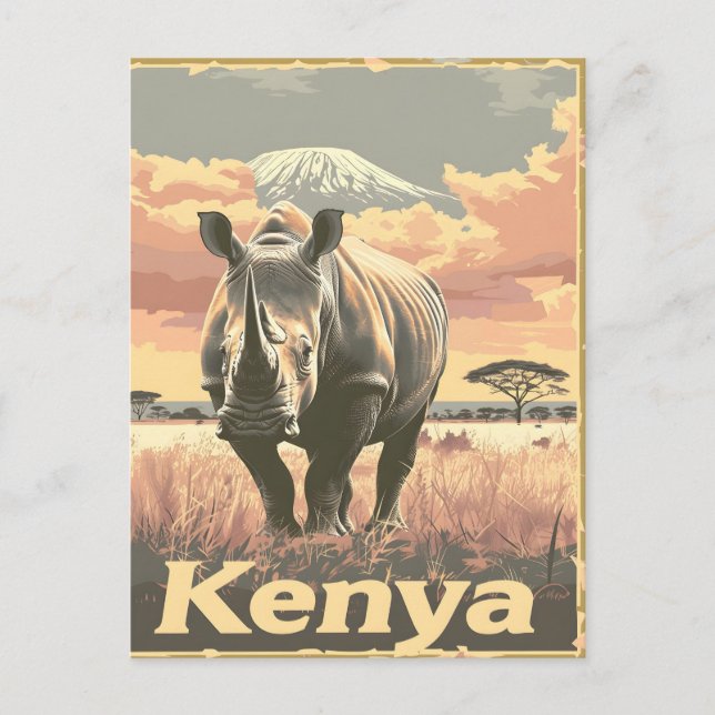 Kenya Rhino Vintage Postcard (Front)