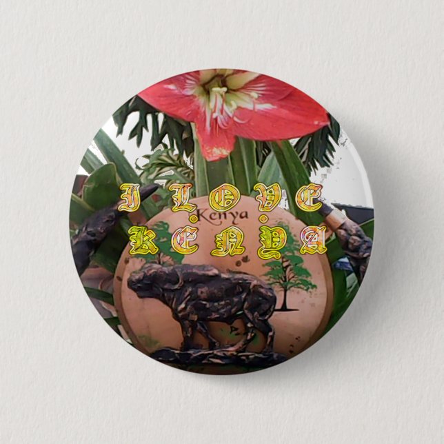 Kenyan Beauty: Flower, Aloe Vera, & Buffalo Design 2 Inch Round Button (Front)