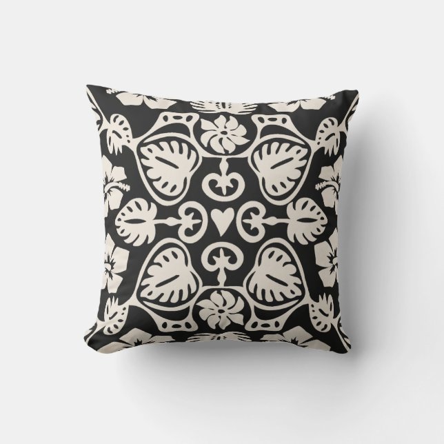 Keoni Hawaiian Monstera Leaf Damask Black Outdoor Pillow (Front)