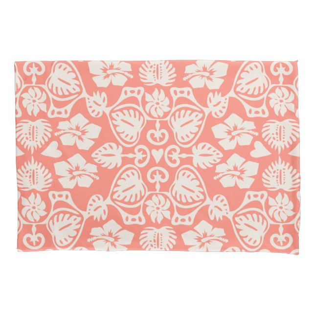 Keoni Hawaiian Monstera Leaf Damask Coral Pillowcase (Front)