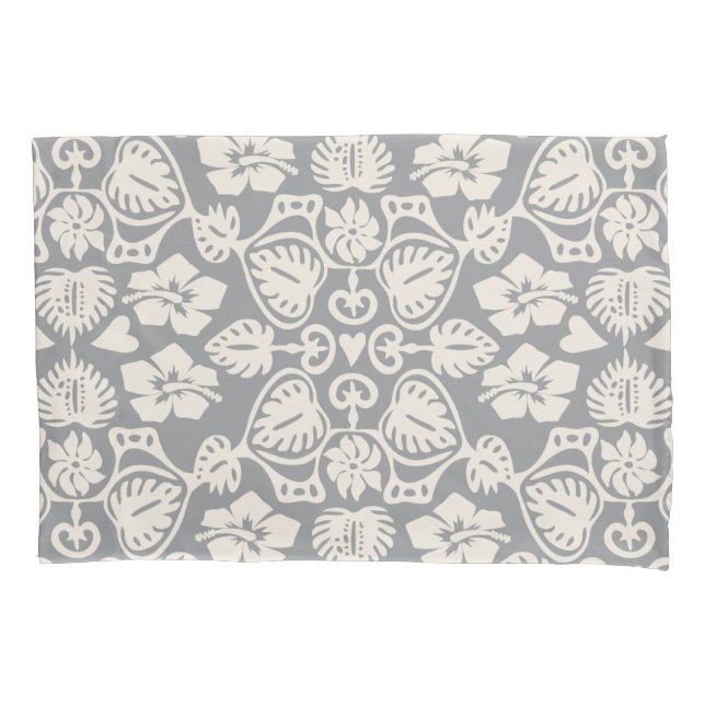 Keoni Hawaiian Monstera Leaf Damask Grey Pillowcase (Front)
