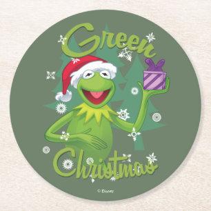 Kermit the Frog   Green Christmas Round Paper Coaster