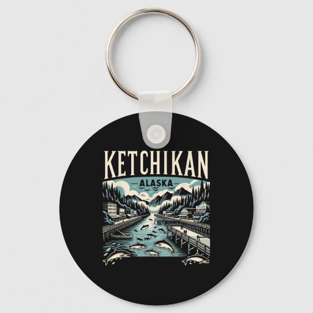 Ketchikan Alaska Ak Vintage Graphic Salmon Capital Keychain (Front)
