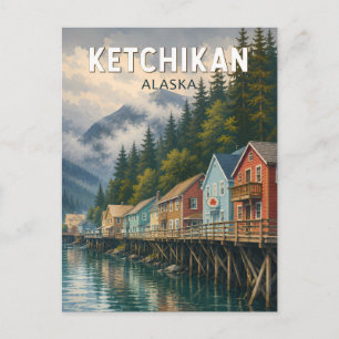 Ketchikan Alaska Illustration Travel Art Vintage Postcard