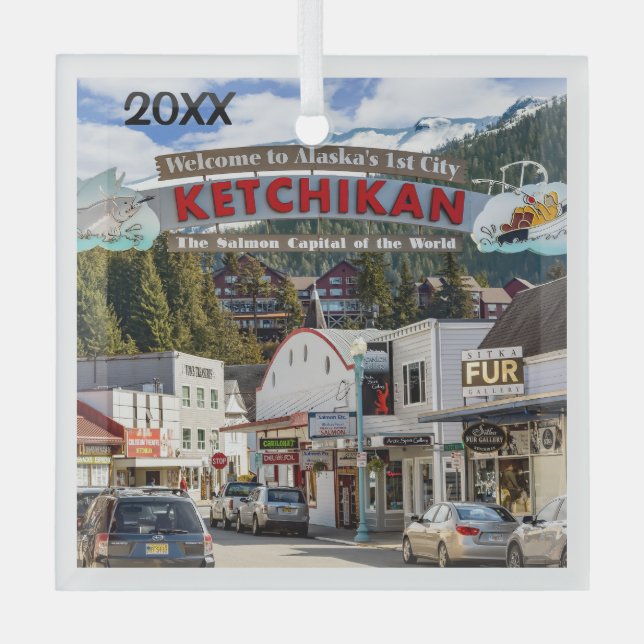 Ketchikan, Alaska, Salmon Capital, Glass Ornament (Front)