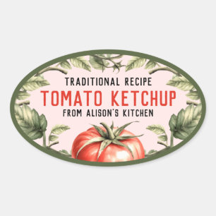 Ketchup oval canning label with watercolour tomato