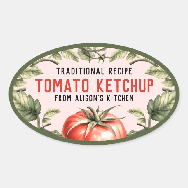 Ketchup oval canning label with watercolour tomato (Front)