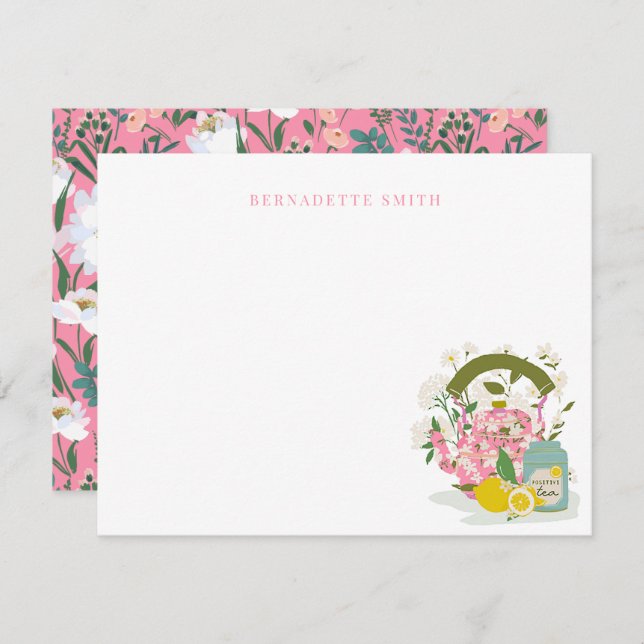 Kettle & Tea Tin Pink Floral Stationery Note Card (Front/Back)