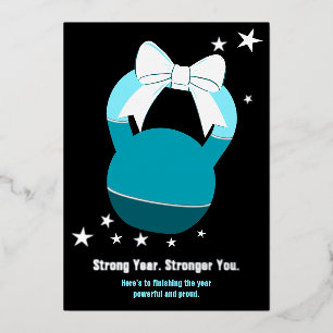 Kettlebell Stronger Year Stronger You Blue Black Foil Holiday Card