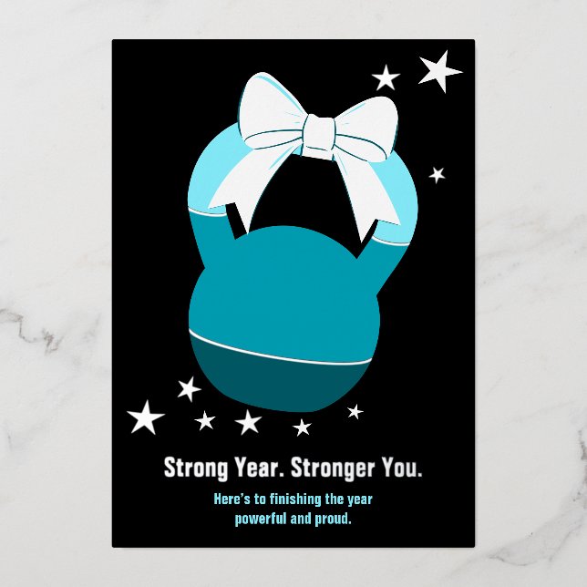 Kettlebell Stronger Year Stronger You Blue Black Foil Holiday Card (Front)