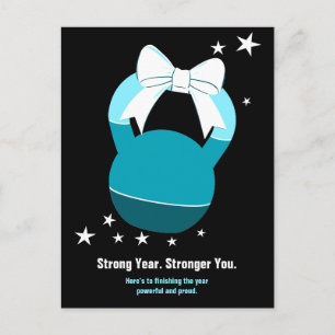 Kettlebell Stronger Year Stronger You Blue Black Holiday Postcard