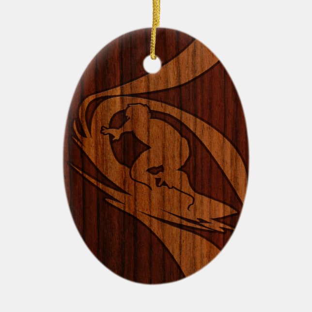 Kewalos Hawaiian Surfer Faux Wood Ceramic Ornament (Front)