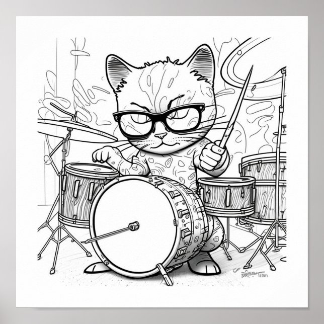 Kewl Jazzy Cat with sunglasses playing drums Poster (Front)