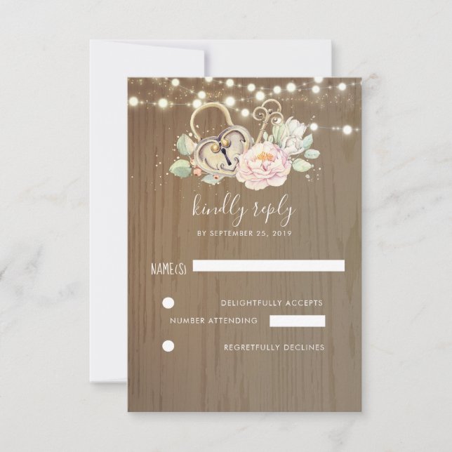 Key and Love Lock Wedding RSVP Card (Front)