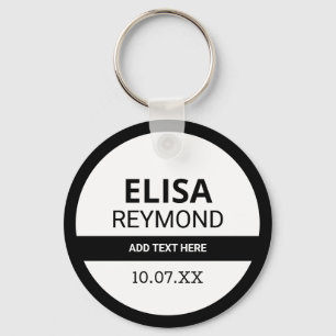 key holder with name and date on blackandwhite keychain