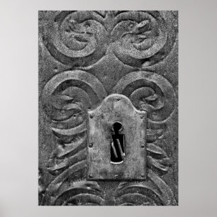 Key hole in medieval metal door poster