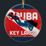 Key Largo Scuba Diver - Blue Retro Ceramic Ornament<br><div class="desc">Key Largo Florida scuba diving design. A vintage style retro red scuba flag background with navy blue scuba diver.</div>