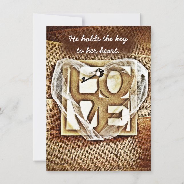 Key to her Heart Rustic Burlap Wedding Invitations (Front)