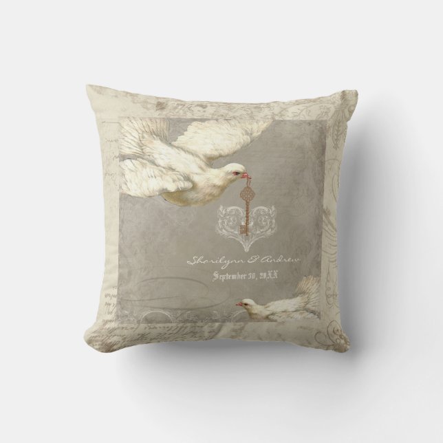 Key to my Heart Dove Swirl Flourish Grey Collage Throw Pillow (Front)