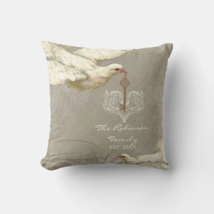 Key to my Heart Dove Swirl Flourish Grey Collage Throw Pillow