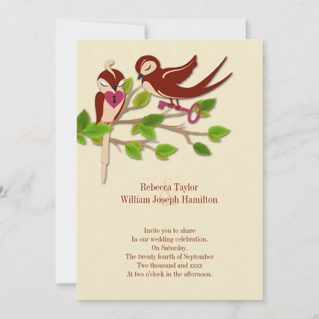 Key To My Heart Love Bird Wedding Invitation (Front)
