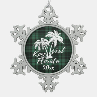 Key West Beach Florida Palm Green Plaid Snowflake Pewter Christmas Ornament