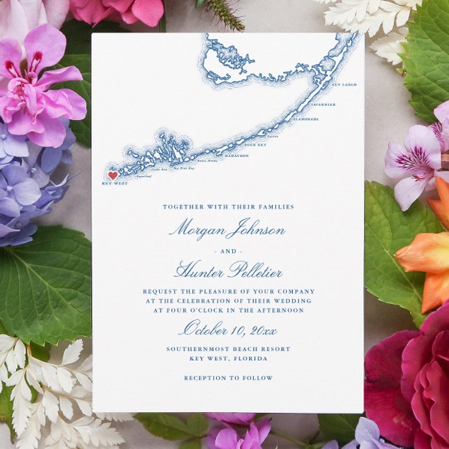 Key West FL Map Elegant Navy Blue Wedding Invitation (Key West FL Map Wedding Invitation for an elegant navy blue destination wedding. Coastal Map Designs)